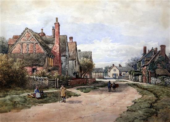 William Pitt (1855-1918) Village scene with figures on a lane, 15 x 21in.